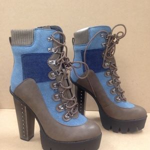 New  Bumper Denim and Leatherette Lace Up Platform